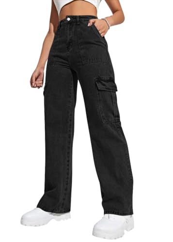 ticticlily Baggy Cargo Jeans Damen Mädchen y2k Vintage Denim Hose Straight Leg Damenhose Freizeithose 90er E-Girl Hip Hop Outdoorhose Boyfriend Pants B Schwarz S von ticticlily