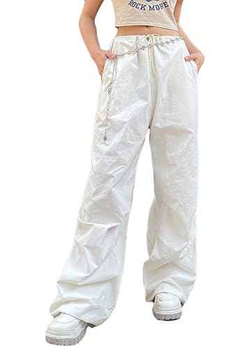 ticticlily Baggy Hosen Damen Y2K Hohe Taille mit Kordelzug Cargohosen mit Taschen Harajuku Track Hiphop Dance Parachute Fallschirm Pants Freizeithose Weite Bein Hose B Weiß S von ticticlily