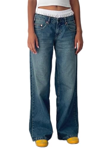 ticticlily Baggy Jeans Damen Geradem Bein Niedrige Taille Weites Bein Mädchen Teenager Y2K Vintage Boyfriend Jeans A Blau XL von ticticlily