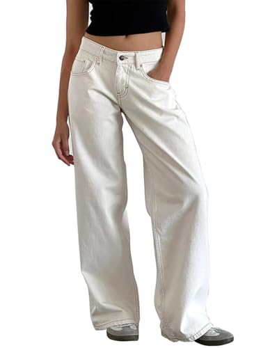 ticticlily Baggy Jeans Damen Geradem Bein Niedrige Taille Weites Bein Mädchen Teenager Y2K Vintage Boyfriend Jeans B Weiß XL von ticticlily