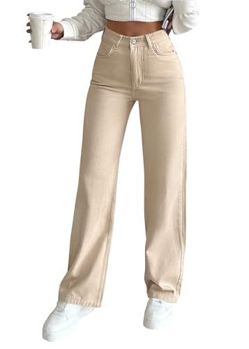 ticticlily Baggy Jeans Damen High Waist Denim Hose Gerade Bein Jeans Hose mit Hoher Taille Straight Leg Harajuku Y2K E-Girl Freizeithosen Streetwear A Khaki M von ticticlily