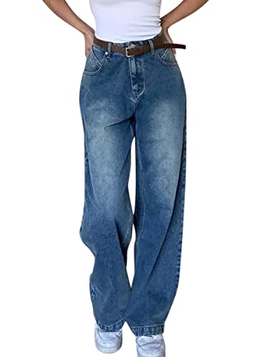 ticticlily Baggy Jeans Damen High Waist Straight Jeans Breites Bein Jeans Loose Gerade Hosen Bootcut Jeans Jeanshosen Glatte Jeans Y2K Style Vintage-Hose Teenager Mädchen Streetwear E Blau S von ticticlily