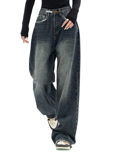 ticticlily Baggy Jeans Damen High Waist Straight Leg Breites Bein Freizeit Gerade Hosen Jeanshosen Glatte Jeans Y2K Style Vintage-Hose Teenager Mädchen Streetwear C Dunkelblau S von ticticlily