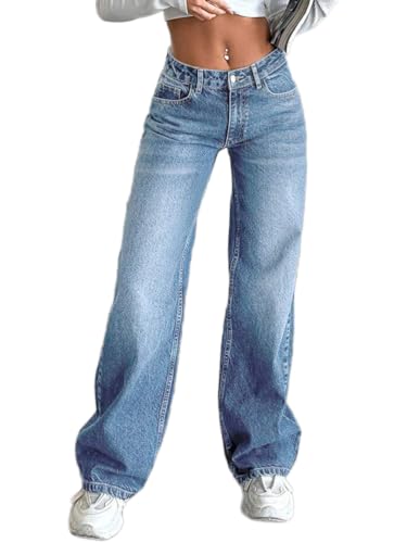 ticticlily Baggy Jeans Damen High Waist Straight Leg Jeanshosen Y2K Vintage Gerade Bein Denim Hose A1 Blau M von ticticlily