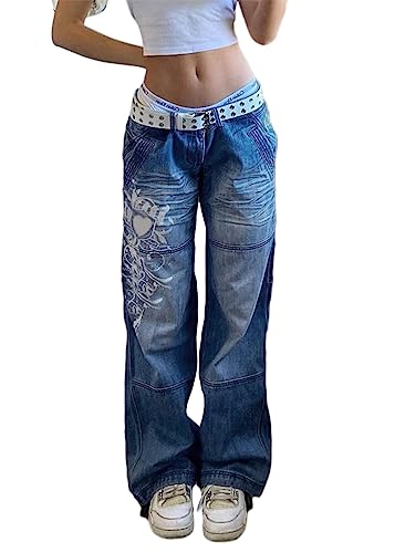 ticticlily Baggy Jeans Damen High Waist Stretch Straight Leg Gewaschene Cargohosen Jeanshose Y2K Vintage 90s Denim Hosen Boyfriend Freizeithose A Blau L von ticticlily