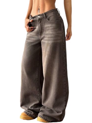 ticticlily Baggy Jeans Damen High Waist Weite Bein Casual Wide Leg Jeanshosen Boyfriend Y2K Stretch Damenjeans mit Taschen Denim Hosen A Braun S von ticticlily