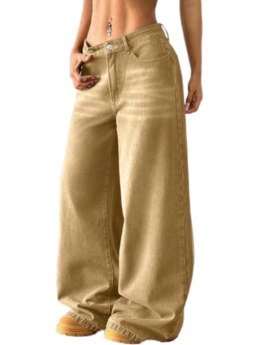 ticticlily Baggy Jeans Damen High Waist Weite Bein Casual Wide Leg Jeanshosen Boyfriend Y2K Stretch Damenjeans mit Taschen Denim Hosen A Khaki S von ticticlily