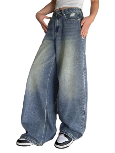 ticticlily Baggy Jeans Damen High Waist Weite Bein Casual Wide Leg Jeanshosen Boyfriend Y2K Stretch Damenjeans mit Taschen Denim Hosen B Blau M von ticticlily