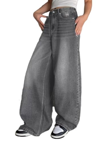 ticticlily Baggy Jeans Damen High Waist Weite Bein Casual Wide Leg Jeanshosen Boyfriend Y2K Stretch Damenjeans mit Taschen Denim Hosen B Grau S von ticticlily