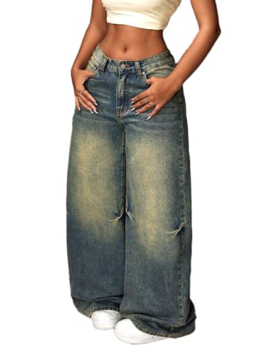 ticticlily Baggy Jeans Damen High Waist Weite Bein Casual Wide Leg Jeanshosen Boyfriend Y2K Stretch Damenjeans mit Taschen Denim Hosen C1 Dunkelblau XS von ticticlily