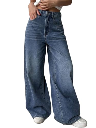 ticticlily Baggy Jeans Damen High Waist Weite Bein Casual Wide Leg Jeanshosen Boyfriend Y2K Stretch Damenjeans mit Taschen Denim Hosen C3 Dunkelblau XS von ticticlily