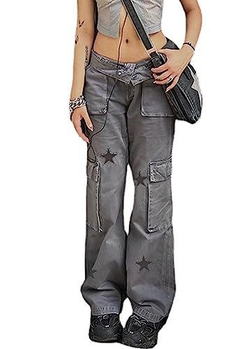 ticticlily Baggy Jeans Damen Straight Leg Stretch Hose Y2K Vintage High Waist Denim Hosen Gerade Jeanshosen 90er Casual Hipster Flared Hose Harajuku E-Girl Streetwear B2 Grau S von ticticlily