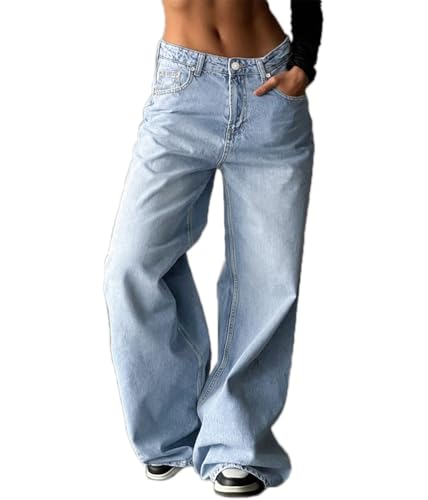 ticticlily Baggy Jeans Damen Stretch Lange Jeanshose Hoher Taille Straight Leg Y2K Style 90er E-Girl Casual Vintage Denim Hosen Cargohose Freizeit Locker Gerade Hosen A1 Hellblau L von ticticlily