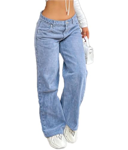 ticticlily Baggy Jeans Damen Stretch Lange Jeanshose Hoher Taille Straight Leg Y2K Style 90er E-Girl Casual Vintage Denim Hosen Cargohose Freizeit Locker Gerade Hosen A4 Blau L von ticticlily