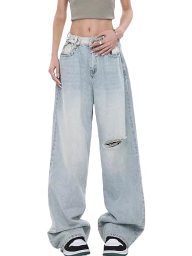 ticticlily Baggy Jeans Damen Y2K Hip Hop Jeanshose Straight Leg Teenager Jungen Skateboard Hose Cargohose Track Breites Bein Freizeithose Streetwear T16 Hellblau XS von ticticlily