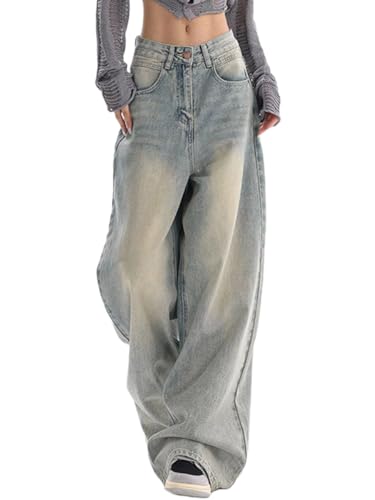 ticticlily Baggy Jeans Damen Y2K Hip Hop Jeanshose Straight Leg Teenager Jungen Skateboard Hose Cargohose Track Breites Bein Freizeithose Streetwear T6 Hellblau XS von ticticlily