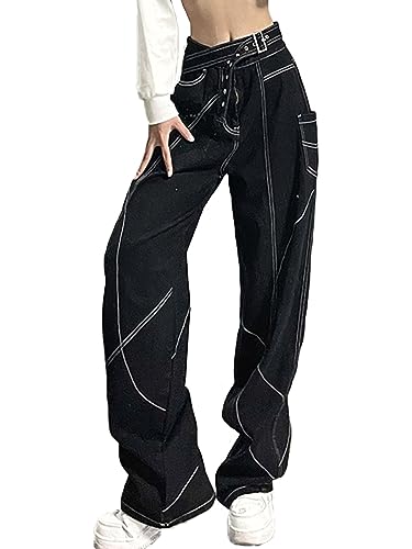 ticticlily Baggy Jeans Damen Y2K Hip Hop Jeanshose Straight Leg Teenager Jungen Skateboard Hose Cargohose Track Breites Bein Freizeithose Streetwear U Schwarz L von ticticlily