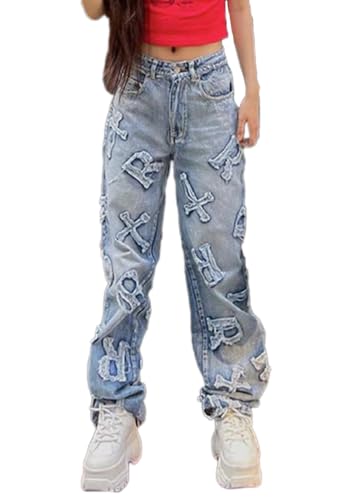 ticticlily Baggy Jeans Hosen Damen High Waist Stretch Straight Wide Leg Koreanische Harajuku E-Girl 90s Gewaschene Hip Hop Boyfriend Denim Hose Cargohose B1 Blau L von ticticlily