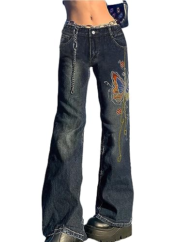 ticticlily Baggy Jeans Hosen Damen High Waist Stretch Straight Wide Leg Koreanische Harajuku E-Girl 90s Gewaschene Hip Hop Boyfriend Denim Hose Cargohose B6 Blau M von ticticlily