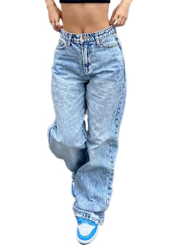 ticticlily Baggy Jeans Hosen Damen High Waist Stretch Straight Wide Leg Koreanische Harajuku E-Girl 90s Gewaschene Hip Hop Boyfriend Denim Hose Cargohose E Blau XL von ticticlily