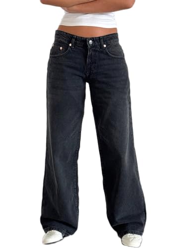 ticticlily Baggy Jeans Y2K Damen Low Waist Wide Straight Leg Gewaschene Damenjeans 90er Boyfriend Casual Locker Denim Hosen A Dunkelgrau M von ticticlily
