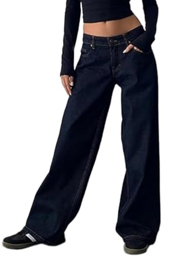 ticticlily Baggy Jeans Y2K Damen Low Waist Wide Straight Leg Gewaschene Damenjeans 90er Boyfriend Casual Locker Denim Hosen B Dunkelblau M von ticticlily
