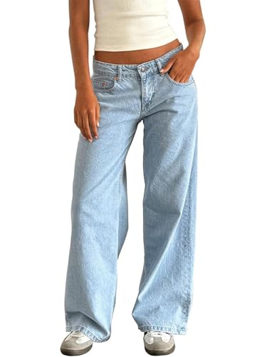 ticticlily Baggy Jeans Y2K Damen Low Waist Wide Straight Leg Gewaschene Damenjeans 90er Boyfriend Casual Locker Denim Hosen B Hellblau M von ticticlily