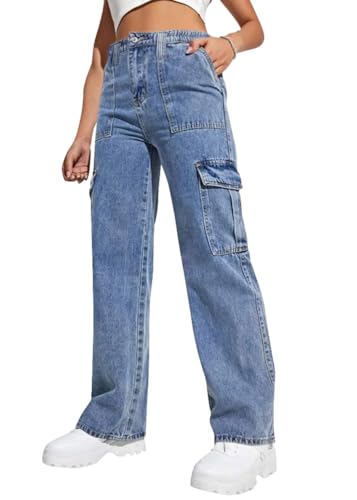 ticticlily Baggy Jeans y2k Damen Mädchen Stretch Hose Vintage High Waist Denim Cargo Hosen Harajuku Gerades Bein Jeanshosen 90er E-Girl Streetwear A Blau L von ticticlily