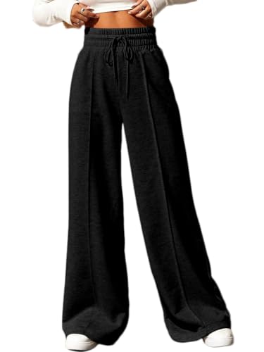 ticticlily Baggy Jogginghose Damen Lang Stretch Fluide Sporthose mit Tunnelzug Freizeithose Trainingshosen Elastischer Hohe Taille Sweathosen mit Taschen Sweatpants A Schwarz M von ticticlily