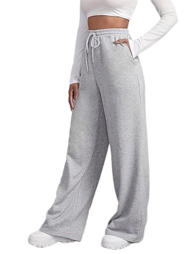 ticticlily Baggy Jogginghose Damen Lang Weite Sporthose Elastische Taille mit Kordelzug Trainingshose mit Taschen Sweathose Casual Locker Einfarbig Running Sport Joggpants A Grau L von ticticlily