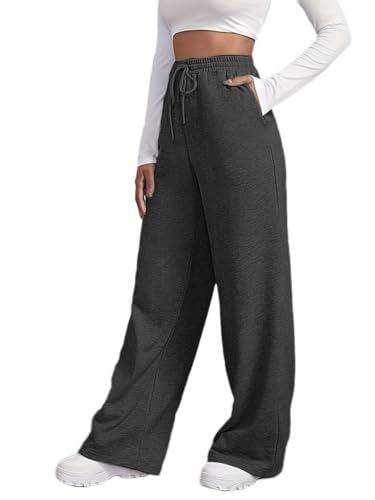 ticticlily Baggy Weite Jogginghose Damen Lang Gerades Bein Sporthose mit Taschen Trainingshose Freizeithose Elastischer Taille mit Tunnelzug Sweathose Sweatpants A Dunkelgrau XS von ticticlily