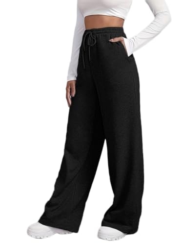 ticticlily Baggy Weite Jogginghose Damen Lang Gerades Bein Sporthose mit Taschen Trainingshose Freizeithose Elastischer Taille mit Tunnelzug Sweathose Sweatpants A Schwarz M von ticticlily