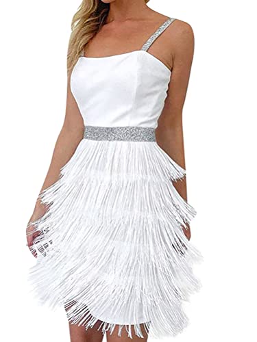 ticticlily Ballkleid Fransen Damen Paillettenkleid Abendkleid Frauen Abschlussballkleid Stretchy Glitzerkleid Party Club Kleid Cocktailkleid Kleider Fransenkleid Hochzeit A Weiß XL von ticticlily