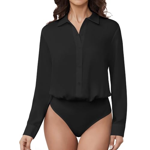 ticticlily Blusenbody Damen Body Langarm V-Ausschnitts mit Knöpfen Elegant Hemdbluse Bodies Unterhemd Casual Langarmshirt Bodysuit Einteiliger Oberteile A Schwarz XXL von ticticlily