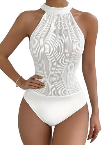 ticticlily Body Damen Ärmellos Neckholder Racerback Top Bodysuit Basic Casual Elegant Chic Damenbody mit BH Unterziehbody Oberteile A Weiß L von ticticlily