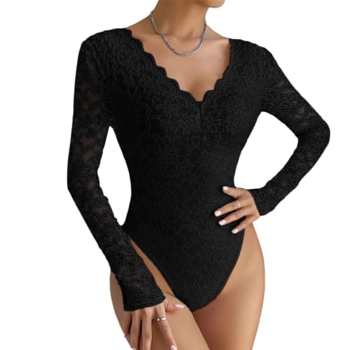 ticticlily Body Damen Elegant Sexy Langarm V-Ausschnitt Transparent Bodysuit mit Spitze Damenbody Spitzentop Oberteile Tops A1 Schwarz L von ticticlily