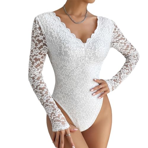 ticticlily Body Damen Elegant Sexy Langarm V-Ausschnitt Transparent Bodysuit mit Spitze Damenbody Spitzentop Oberteile Tops A1 Weiß L von ticticlily