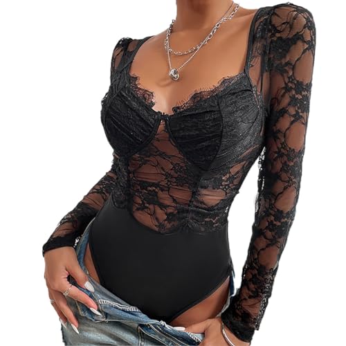 ticticlily Body Damen Elegant Sexy Langarm V-Ausschnitt Transparent Bodysuit mit Spitze Damenbody Spitzentop Oberteile Tops A3 Schwarz L von ticticlily