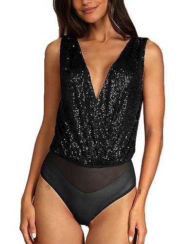 ticticlily Body Damen Langarm Ärmellos Bodies Casual Party Tuniken Top Unterhemd Bodysuit Einteiliger Overall Pailletten Perlen Glänzende Oberteile Top Streetwear A Schwarz XL von ticticlily