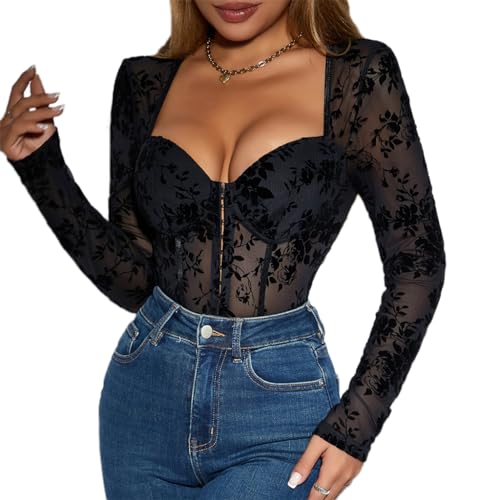 ticticlily Body Damen Langarm Sexy Elegant Bodysuit Bodycon Transparente Damenbody Einteiler Overall Mesh Spitzen Glitzer Durchsichtiges Oberteile Tops A2 Schwarz S von ticticlily