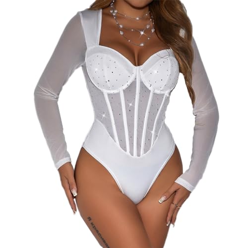 ticticlily Body Damen Langarm Sexy Elegant Bodysuit Bodycon Transparente Damenbody Einteiler Overall Mesh Spitzen Glitzer Durchsichtiges Oberteile Tops B Weiß M von ticticlily