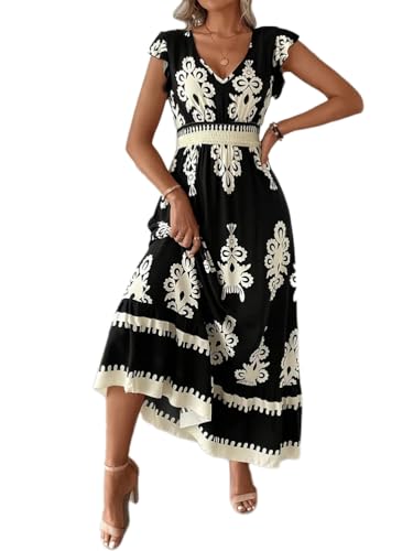 ticticlily Boho Kleid Damen Casual Elegant A Linie Midi Maxi Lang Sommerkleider Kurzarm V-Ausschnitt High Waist Gummibund Plissee Strandkleider Freizeitkleider A Schwarz L von ticticlily