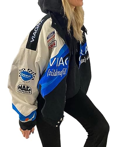 ticticlily Bomberjacke Damen College Baseball Jacke Übergangsjacke Oversized Patchwork Bedruckte Y2K Vintage Racing Langarm Regenjacke Sport Jacken Unisex Sweatjacke Uniform A16 Blau M von ticticlily