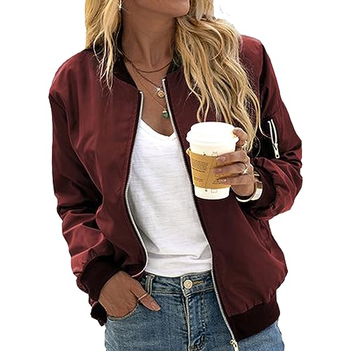 ticticlily Bomberjacke Damen Kurz Zip Up Jacke Pilotenjacke Übergangsjacke Sportjacke Outwear Blouson B Weinrot XXL von ticticlily