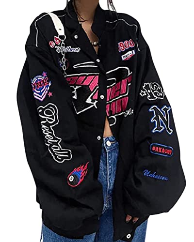 ticticlily Bomberjacke Damen Sweatjacke Ladies College Sweat Jacket Reißverschluss Übergangsjacke Für Frauen Oversized Patchwork Jacke Vintage Druck Jacken Baseball Mantel A1 Schwarz L von ticticlily