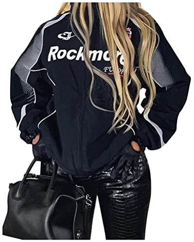 ticticlily Bomberjacke Damen Sweatjacke Ladies College Sweat Jacket Reißverschluss Übergangsjacke Für Frauen Oversized Patchwork Jacke Vintage Druck Jacken Baseball Mantel A2 Schwarz L von ticticlily