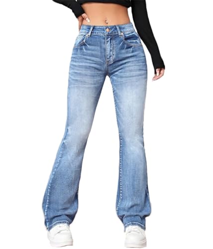 ticticlily Bootcut Jeans Damen Schlaghose Stretch Skinny Denim Hose Freizeithose 90er E-Girl Y2K Hip Hop Gewaschene Flared Outdoorhose A Blau XL von ticticlily