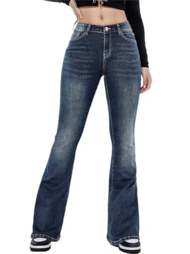 ticticlily Bootcut Jeans Damen Schlaghose Stretch Skinny Denim Hose Freizeithose 90er E-Girl Y2K Hip Hop Gewaschene Flared Outdoorhose B9 Dunkelblau L von ticticlily