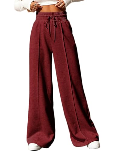 ticticlily Breite Jogginghose Damen Lang Sporthose Elastischem Bund Hohe Taille mit Kordelzug Trainingshose mit Taschen Sweathose Casual Locker Passform Running Sport Joggpants A Dunkelrot M von ticticlily