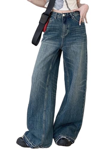 ticticlily Cargo Hosen Damen Jeans Y2K Vintage Gewaschene Stretch Lose Straight Wide Leg Denim Boyfriend Harajuku Vintage Jeanshosen Hohe Taille Mädchen Hose Große Größen A7 Dunkelblau S von ticticlily